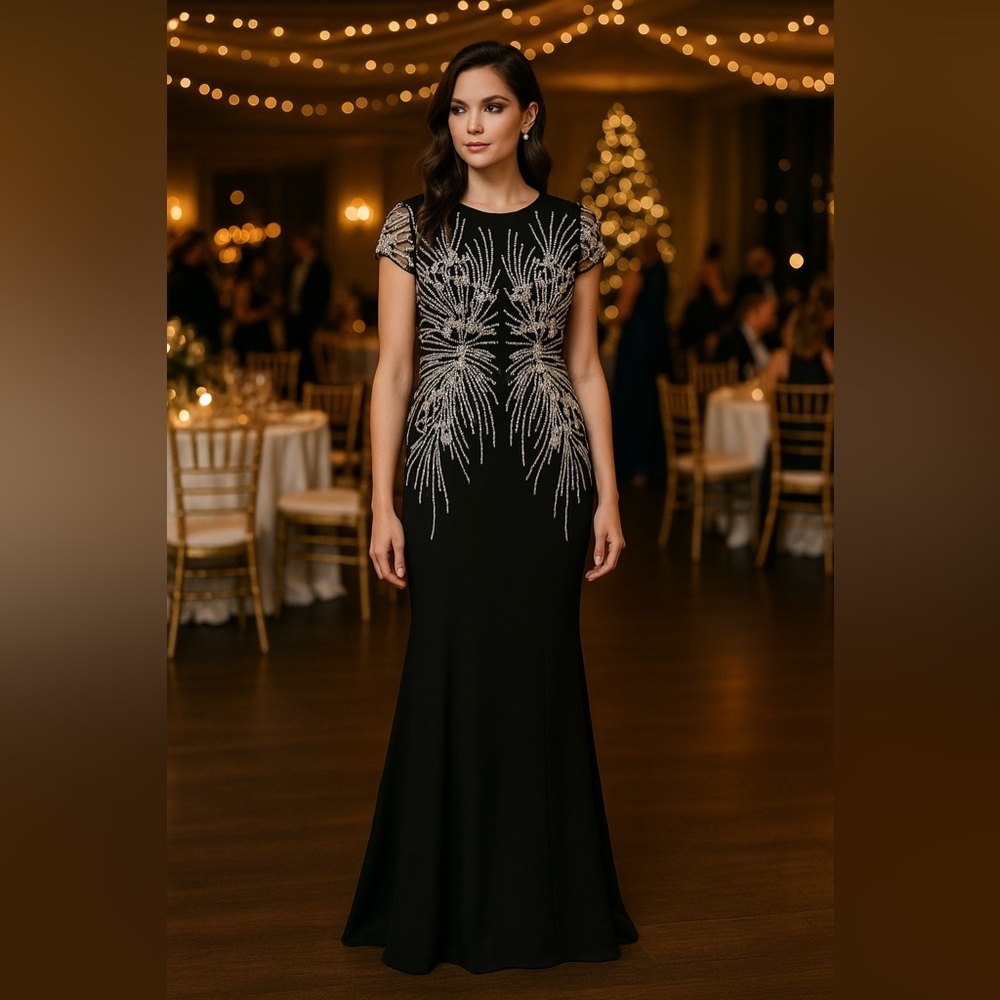 Adrianna Papell Black Sequin Beaded T-Shirt Gown – Sz 2P (Excellent Condition)